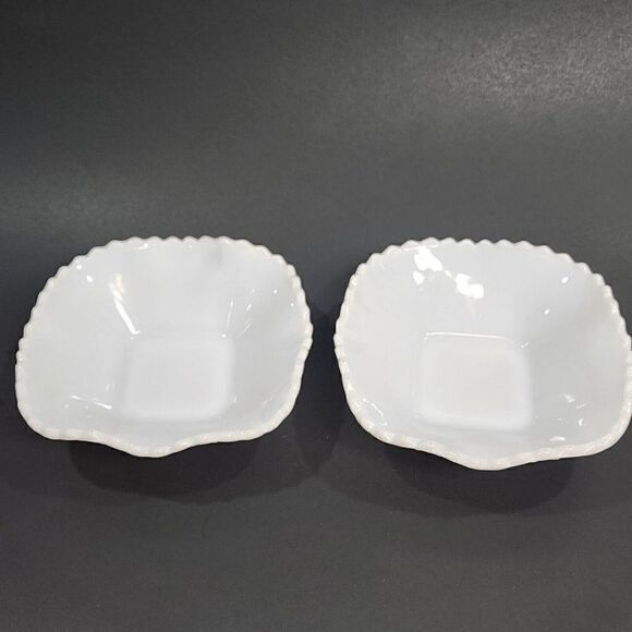 2 Vintage 6" Sq. Hazel Atlas Ruffled Edge Milk Glass Candy Dish Diamond Point - Picture 2 of 10